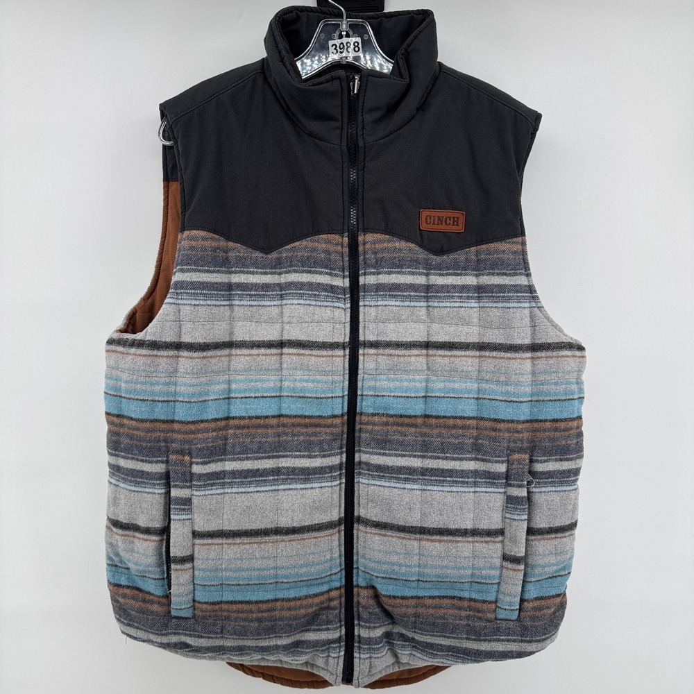 Cinch Men's Striped Quilted Reversible Vest Logo Plaid Size L Warm Western